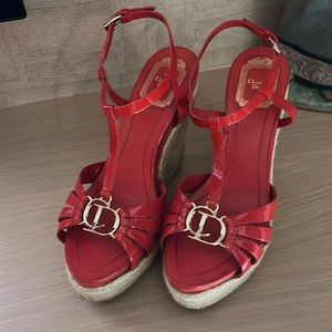 Red patent leather platform sandals